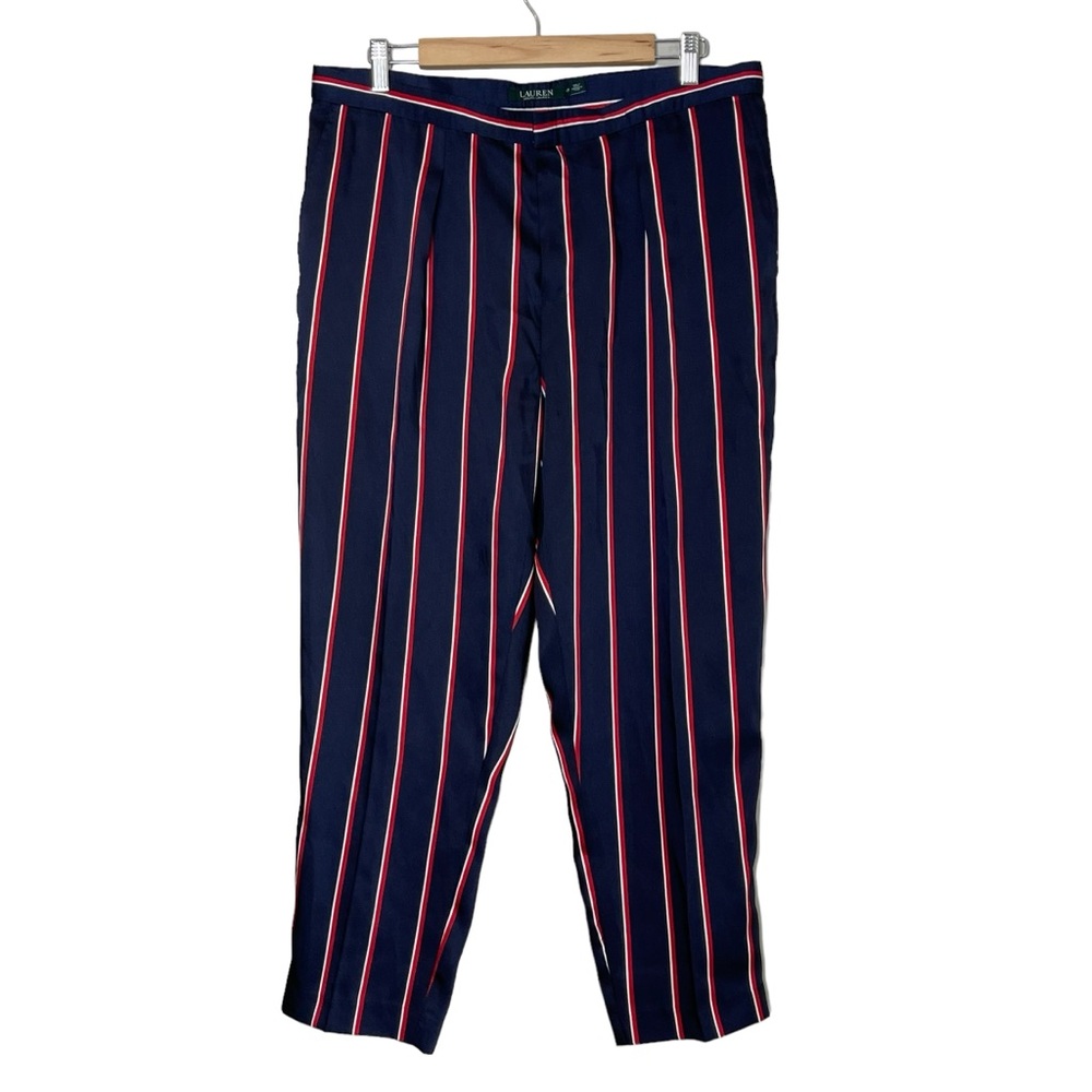 Lauren Ralph Lauren Satin Striped Tapered Pant Size 12 Nautical Navy Blue Red